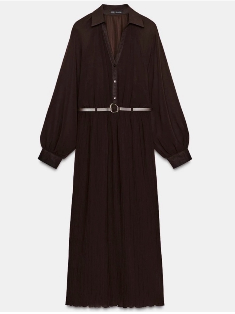 Zara Dark Brown Long Sleeve Collared Maxi Dress with Belt